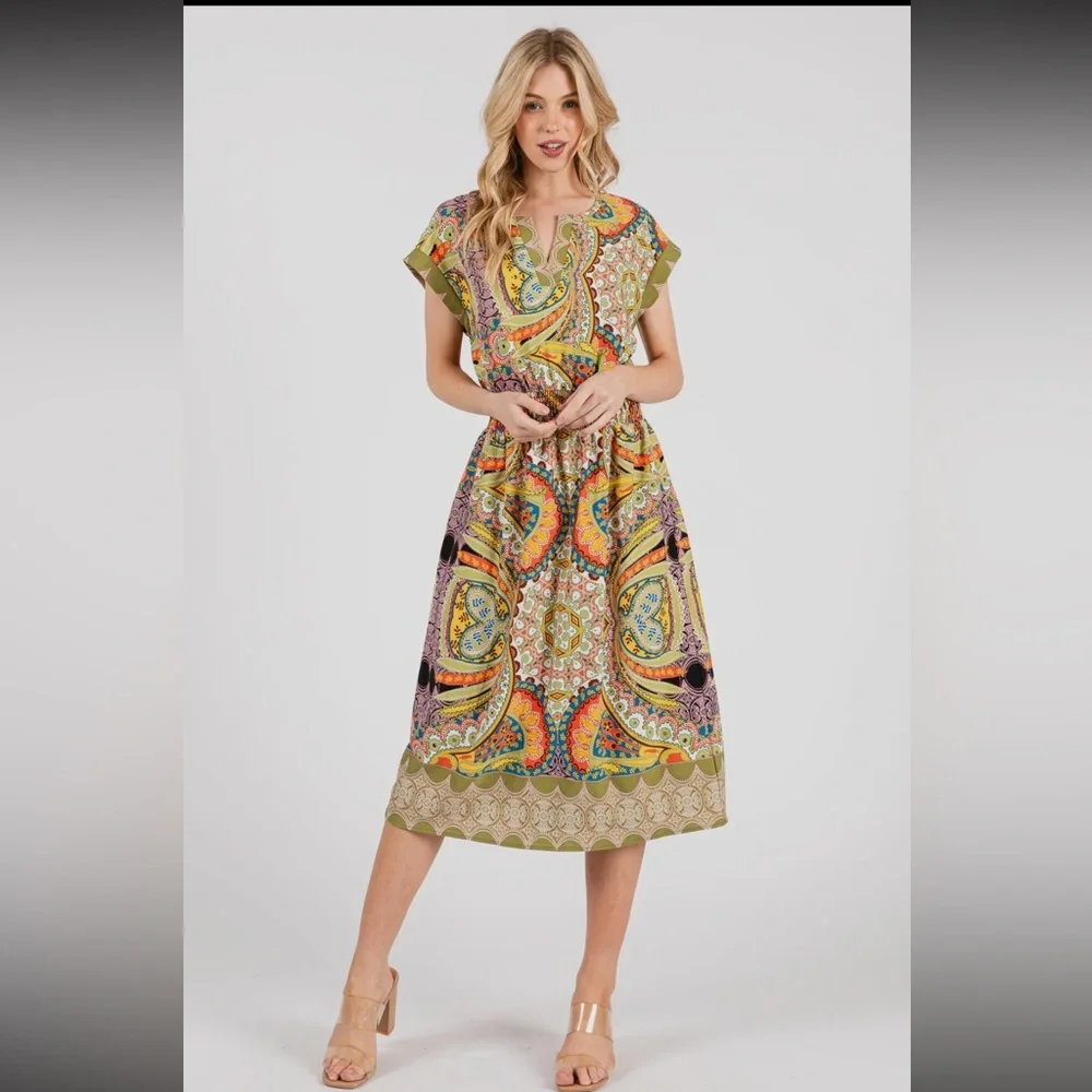 ShopEvelynne Multicolor Asymmetrical Paisley Midi Dress - Picture 3 of 4